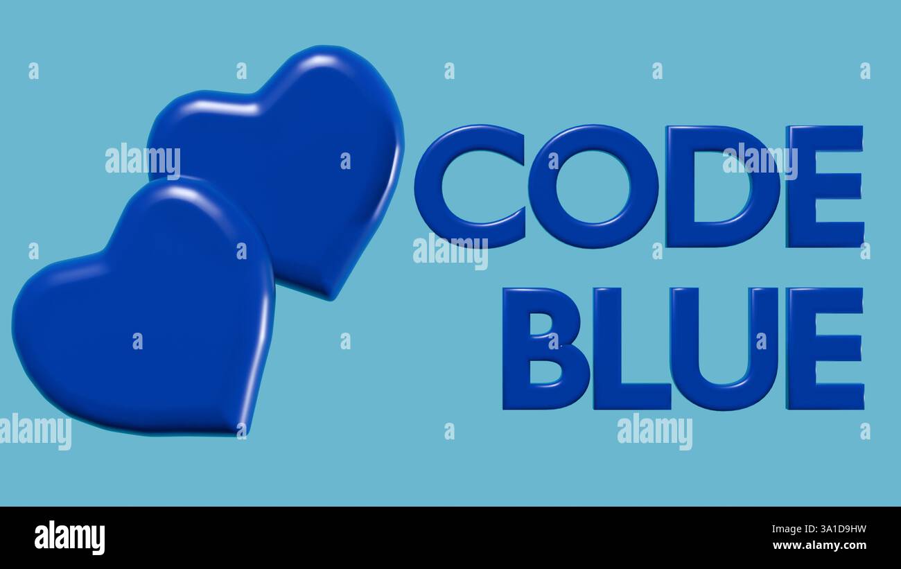 Un rendu 3D d'un coeur bleu avec le texte 'CODE BLUE'. L'expression est utilisée dans les hôpitaux Banque D'Images