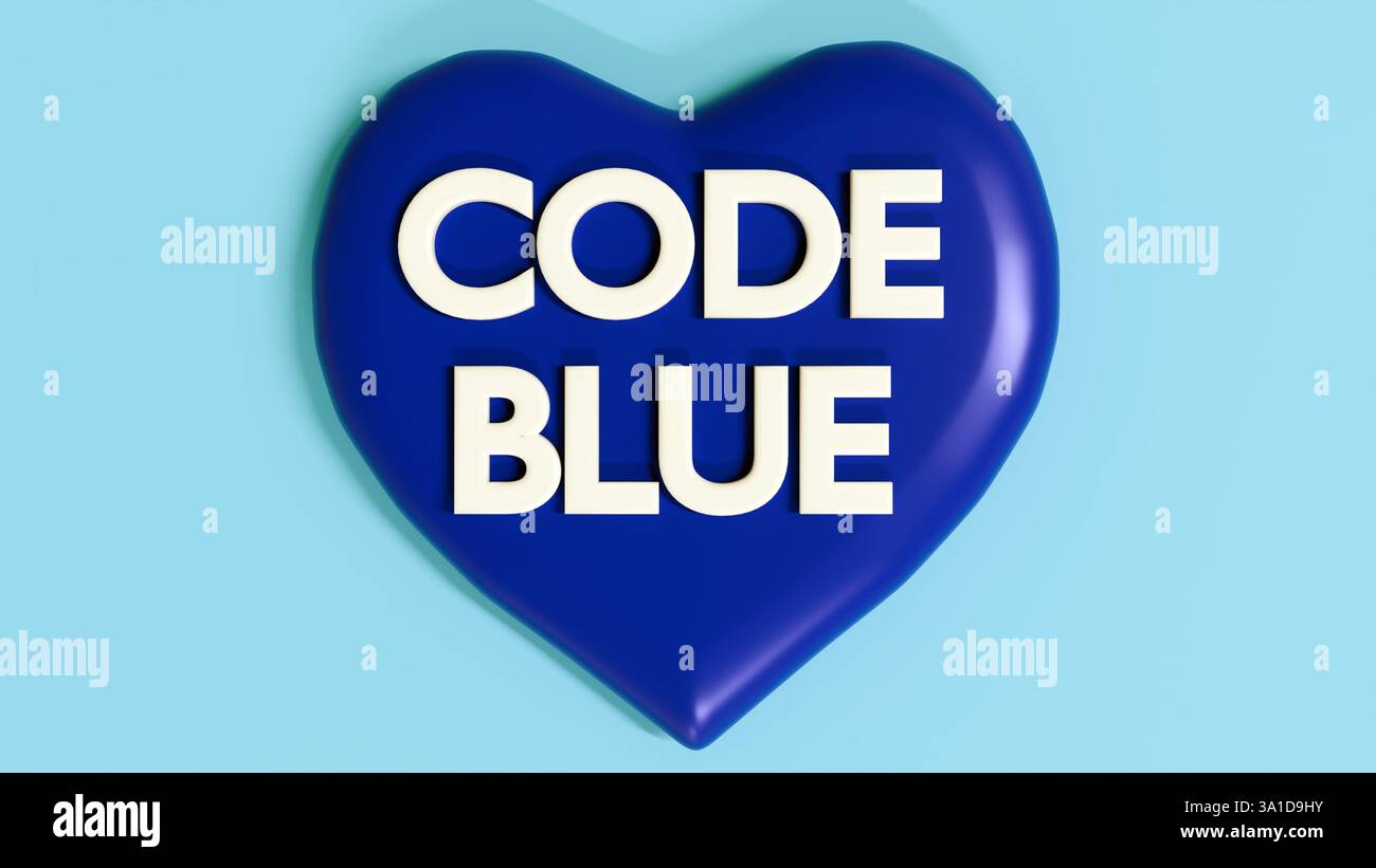 Un rendu 3D d'un coeur bleu avec le texte 'CODE BLUE'. L'expression est utilisée dans les hôpitaux Banque D'Images