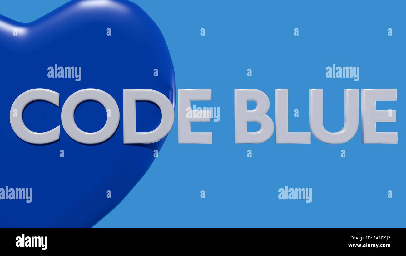 Un rendu 3D d'un coeur bleu avec le texte 'CODE BLUE'. L'expression est utilisée dans les hôpitaux Banque D'Images