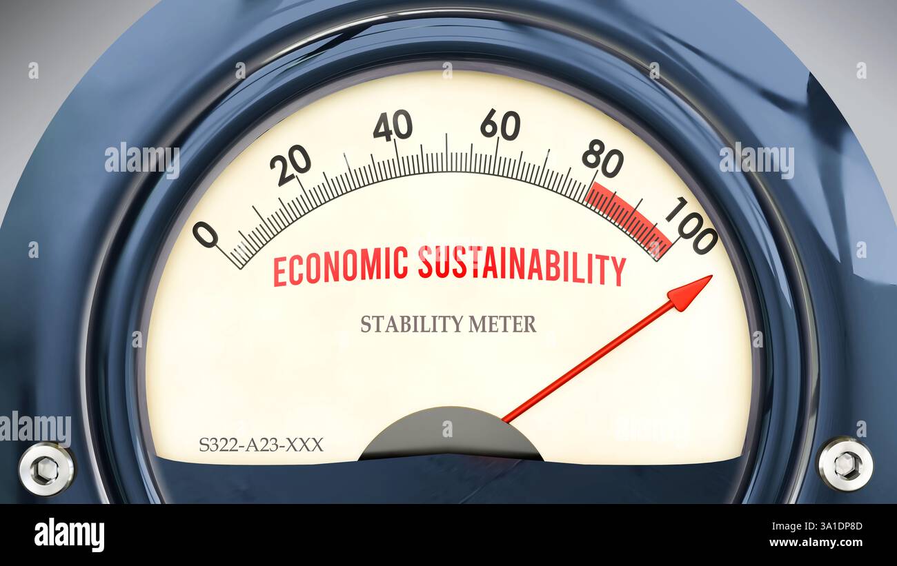 Un compteur de durabilité et de stabilité économique qui atteint une échelle complète, montrant un très haut niveau de durabilité économique Banque D'Images