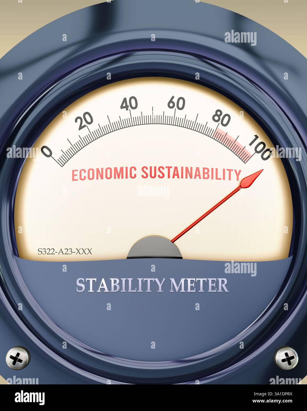Un compteur de durabilité et de stabilité économique qui atteint une échelle complète, montrant un très haut niveau de durabilité économique Banque D'Images
