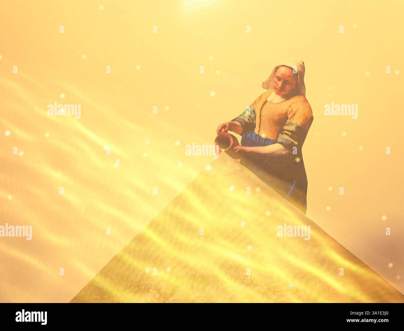 Art de collage conceptuel auto-fait de la femme de chambre de lait versant du lait dans une pyramide, Mülheim-Ruhr, NRW, Allemagne , sur 03.03.2025 Banque D'Images