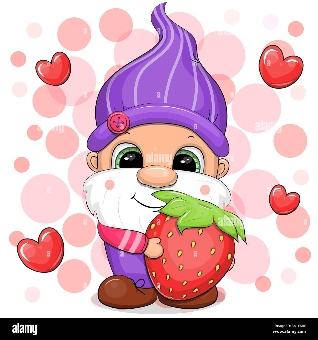 Un gnome de dessin animé mignon tenant une fraise rouge. Illustration vectorielle d'un animal sur un fond rouge. Illustration de Vecteur