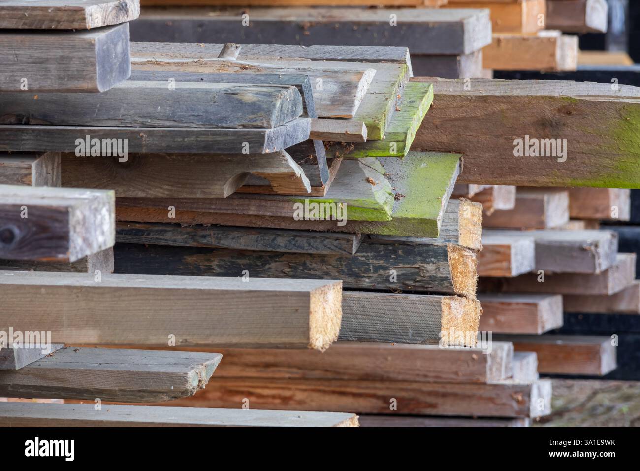 Planches de bois altérées de formes et de couleurs variées, créant une texture riche pour les arrière-plans Banque D'Images