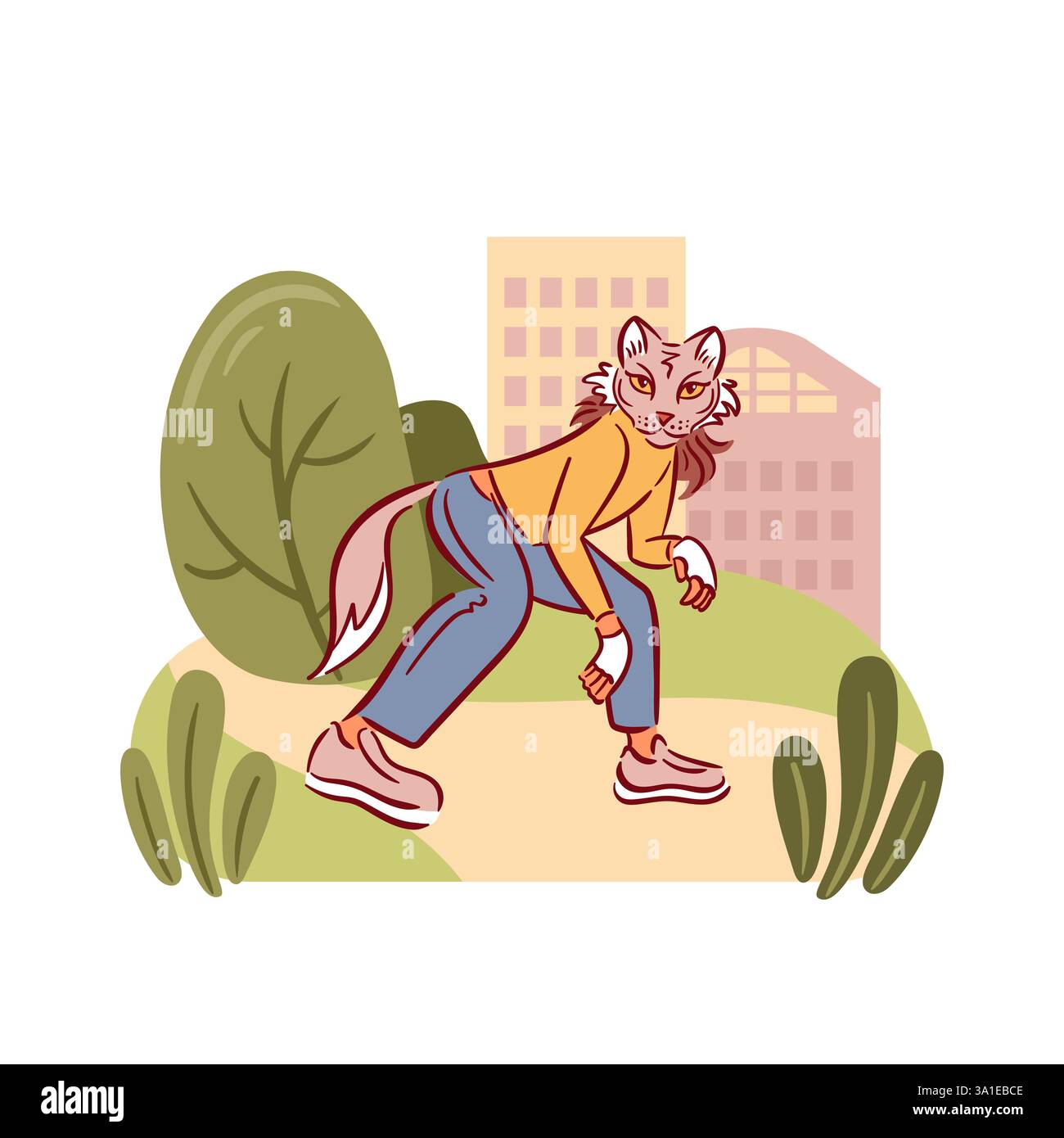 Quadrobics combine des entraînements imaginatifs, intégrant des exercices sur le thème de la nature avec des essais de fitness urbains. Une fille dans un masque et avec une queue de loup. Vect Illustration de Vecteur
