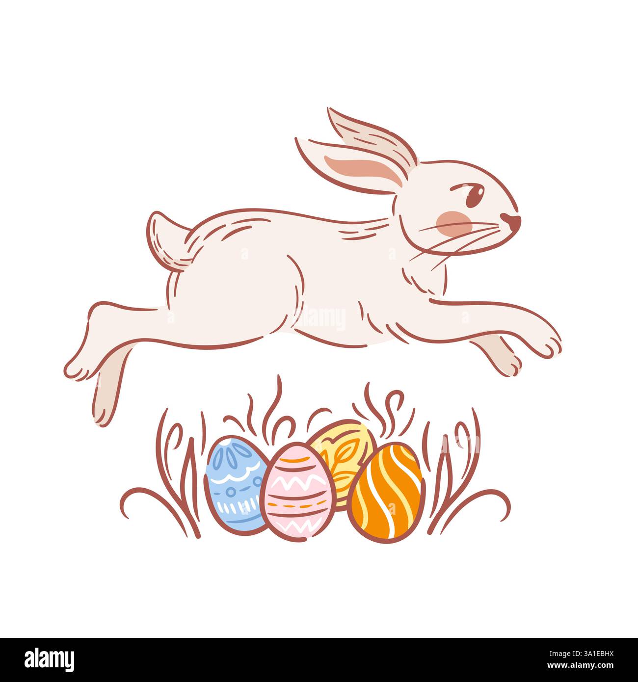 Un lapin de Pâques fantaisiste saute au-dessus d'une colline d'œufs de Pâques colorés dans un style de croquis ludique. La scène capture la joie et l'esprit de Pâques, rempli Illustration de Vecteur