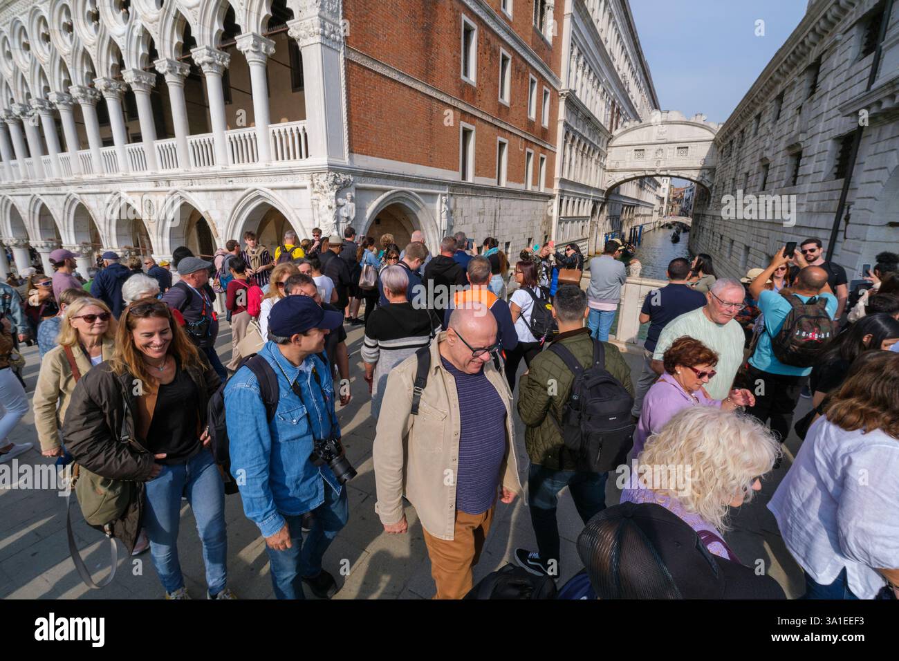 Venise, Italie - 12 octobre 2024 : les touristes se rassemblent sur un pont surplombant le Pont des Soupirs, illustrant l'impact du surtourisme à Venise Banque D'Images Venise, Italie - 12 octobre 2024 : les touristes se rassemblent sur un pont surplombant le Pont des Soupirs, illustrant l'impact du surtourisme à Venise Banque D'Images