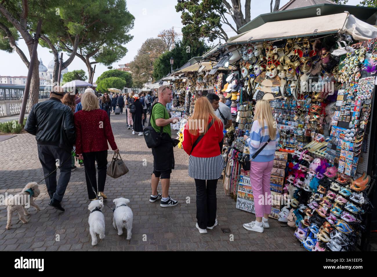 Venise, Italie - 12 octobre 2024 : les touristes parcourent un stand de souvenirs vendant des masques vénitiens, des porte-clés et d'autres souvenirs Banque D'Images Venise, Italie - 12 octobre 2024 : les touristes parcourent un stand de souvenirs vendant des masques vénitiens, des porte-clés et d'autres souvenirs Banque D'Images