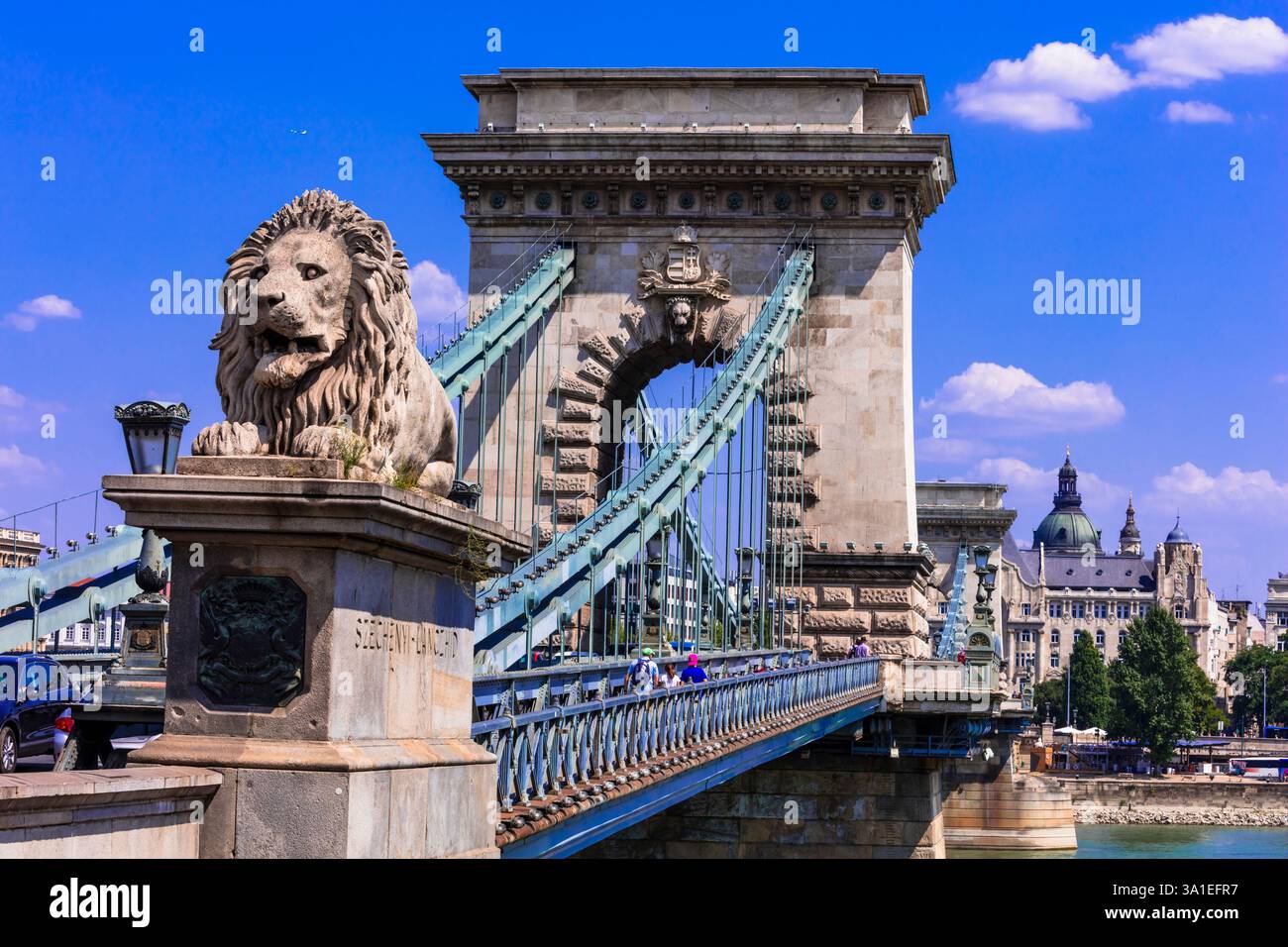 Belle capitale de la Hongrie - Budapest vieille ville. Vue avec pont de chaîne sur le Danube avec sculpture de lion. Paysage urbain, landsca urbain Banque D'Images