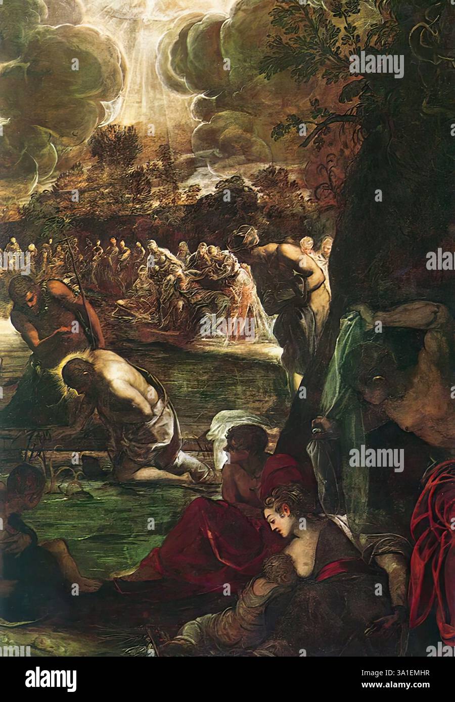 TINTORET (1518, Venezia, d. 1594, Venezia) baptême du Christ (détail) 1579-81 huile sur toile, 538 x 465 cm Sala Grande, Scuola di San Rocco, Venise dix ans s'étaient à peine écoulés depuis que la décoration picturale de la Sala dell'Albergo a été achevée alors que le Tintoret était déjà occupé à décorer la salle haute. Le baptême du Christ est sur l'un des murs latéraux. La proximité de la peinture avec celle qui dépeint l'Adoration des bergers souligne la différence radicale d'idées entre les deux peintures. Alors que dans l'Adoration le moment principal de l'événement est montré par une comp Banque D'Images TINTORET (1518, Venezia, d. 1594, Venezia) baptême du Christ (détail) 1579-81 huile sur toile, 538 x 465 cm Sala Grande, Scuola di San Rocco, Venise dix ans s'étaient à peine écoulés depuis que la décoration picturale de la Sala dell'Albergo a été achevée alors que le Tintoret était déjà occupé à décorer la salle haute. Le baptême du Christ est sur l'un des murs latéraux. La proximité de la peinture avec celle qui dépeint l'Adoration des bergers souligne la différence radicale d'idées entre les deux peintures. Alors que dans l'Adoration le moment principal de l'événement est montré par une comp Banque D'Images