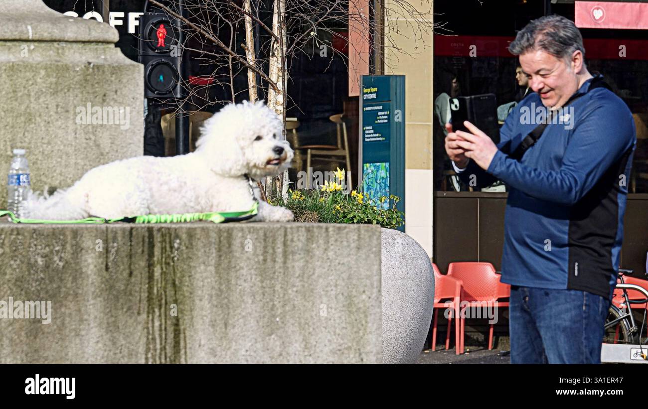 Glasgow, Écosse, Royaume-Uni. 8 mars 2025. Météo britannique : le jour ensoleillé du printemps a vu une douche occasionnelle dans le centre de la ville. Crédit Gerard Ferry/Alamy Live News Banque D'Images