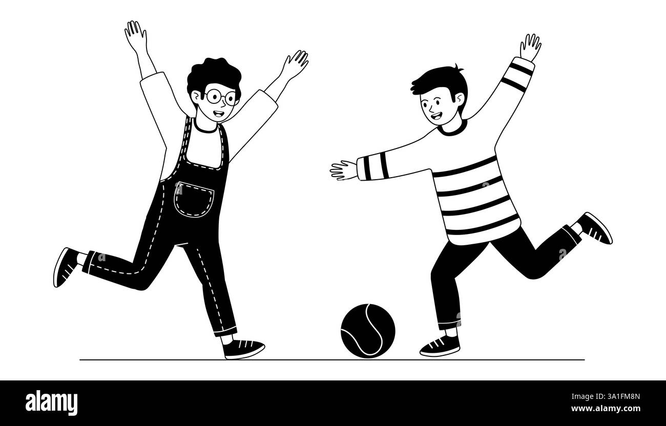 Les enfants jouent au football joyeusement dans un parc pendant un après-midi ensoleillé avec des expressions joyeuses Illustration de Vecteur