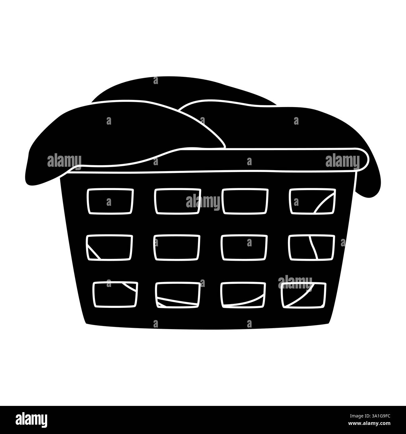Silhouette noire de panier à linge débordant de vêtements en attente d'être lavés, illustration vectorielle plate d'icône de glyphe Illustration de Vecteur