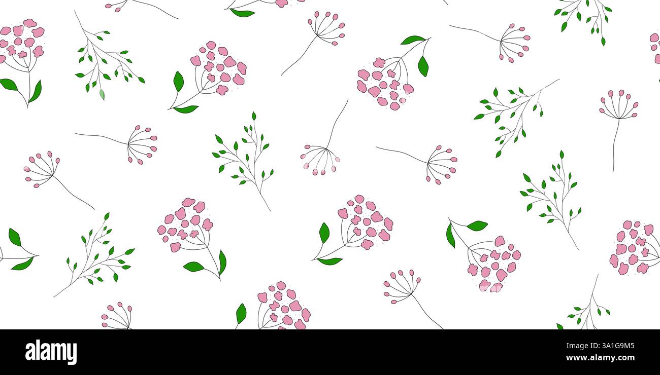 Motif sans couture avec des fleurs roses délicates et des feuilles vertes, créant un design botanique charmant pour diverses applications Illustration de Vecteur