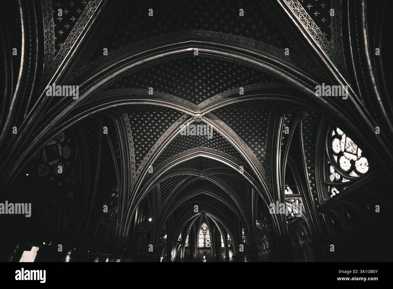 Spectaculaire vue en noir et blanc de la chapelle inférieure Sainte-Chapelle - Paris, France Banque D'Images
