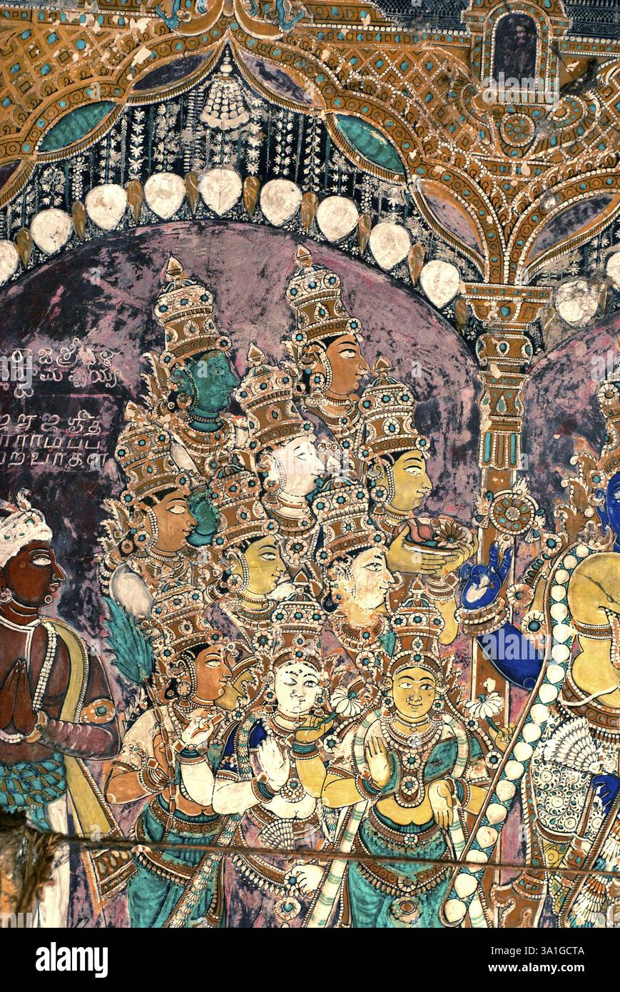 Peintures murales du XVIIe siècle dans le temple Sri Meenakshi, Madurai, Tamil Nadu, Inde, Asie Banque D'Images