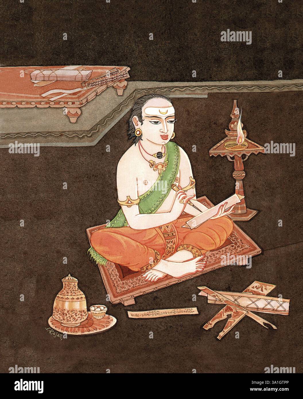 Artiste S. Rajam, femme, croyance hindoue, hindouisme, art, académie himalayenne art, lampe, écriture, pundit, feuille d'ola, feuille de palmier, sruti, écriture, ancie Banque D'Images