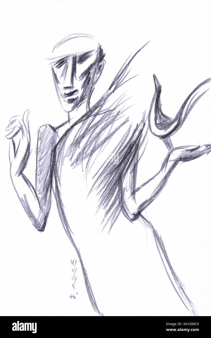 L'homme et des oiseaux Illustration dessin fusain Banque D'Images