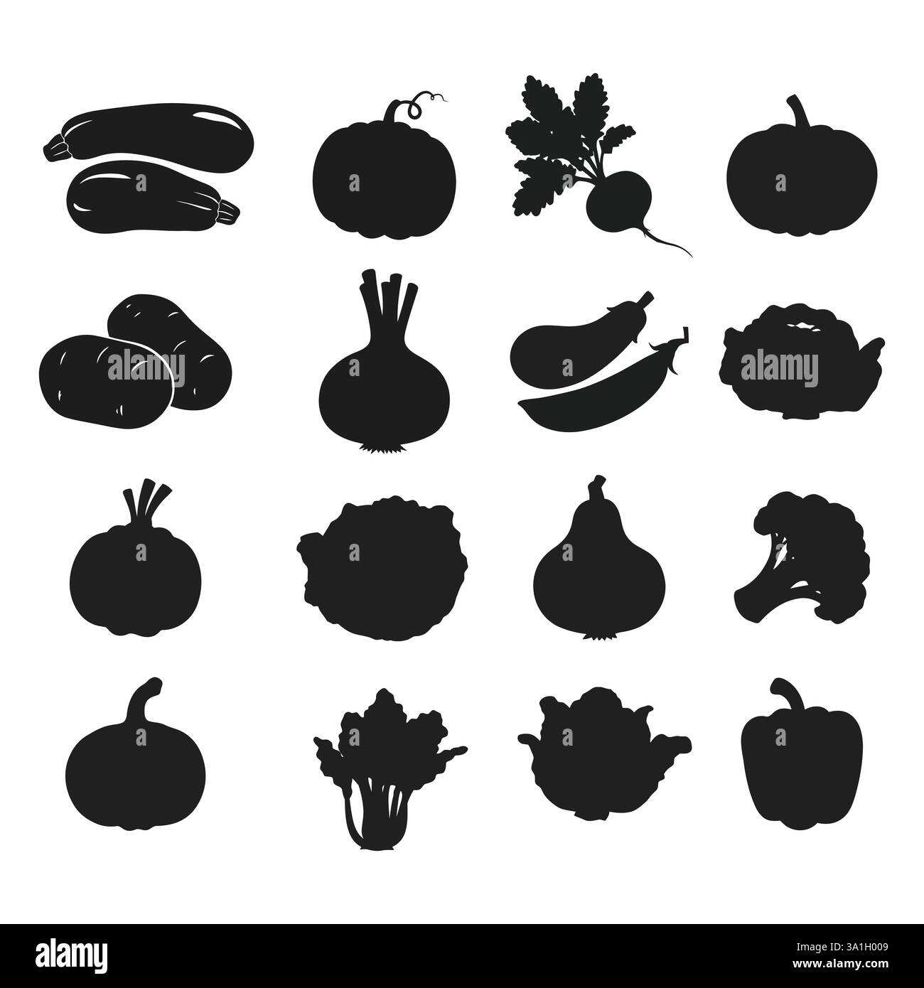 icône végétale, silhouettes noires différents types de conception vectorielle de légumes sains avec fond blanc Illustration de Vecteur