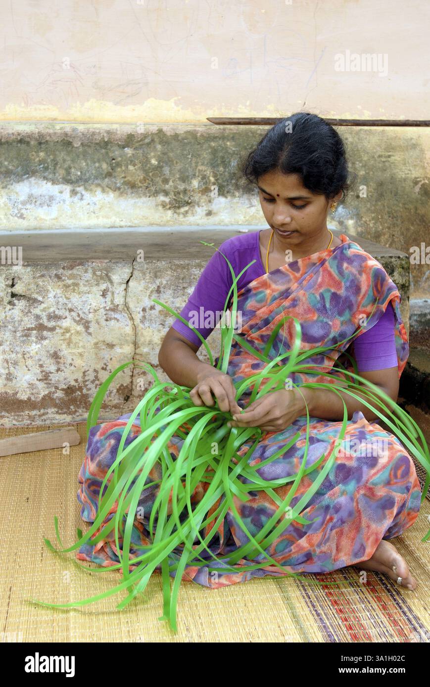 Cottage Industry, femme tissant des paniers de bandes en plastique, Tamil Nadu, Inde, Asie Banque D'Images