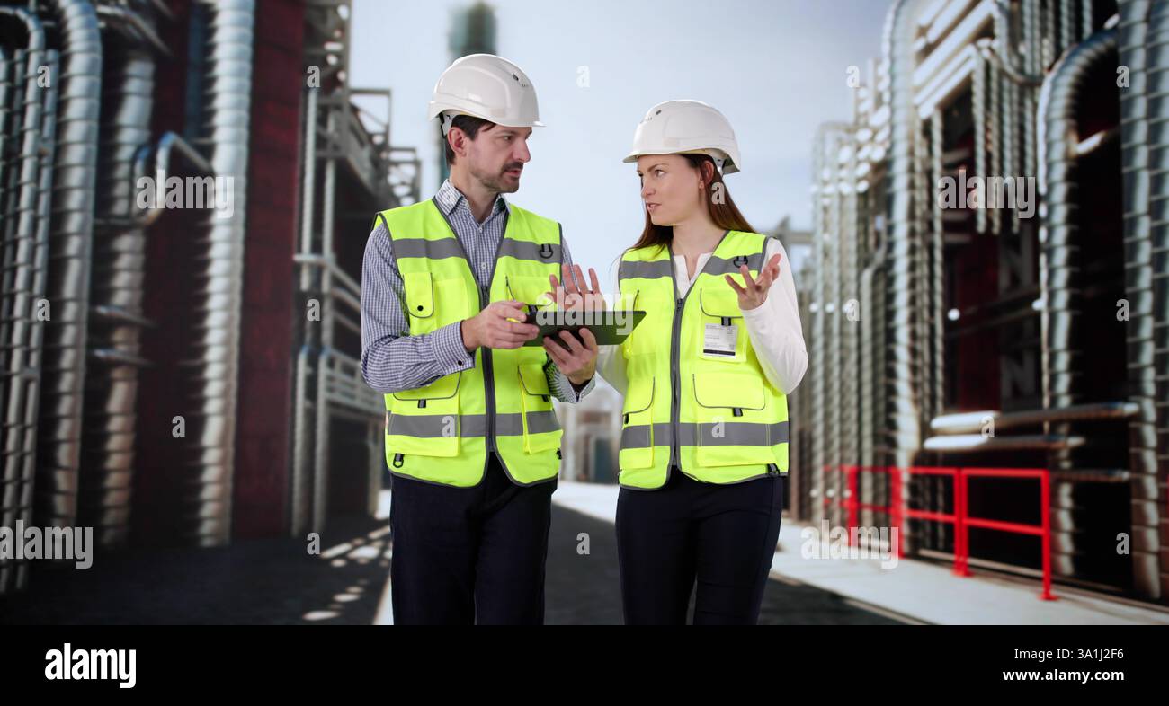Deux inspecteurs de sécurité de l'OSHA utilisant un ordinateur tablette pendant l'inspection en usine Banque D'Images Deux inspecteurs de sécurité de l'OSHA utilisant un ordinateur tablette pendant l'inspection en usine Banque D'Images