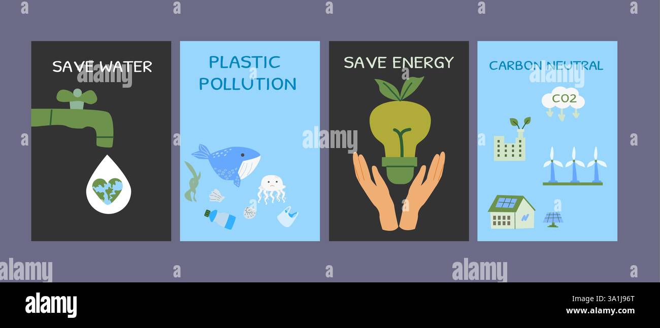 Sensibilisation à la durabilité : économiser de l'eau, réduire la pollution plastique, conserver l'énergie, atteindre la neutralité carbone. Ensemble de posters ECO - design plat. Illustration de Vecteur
