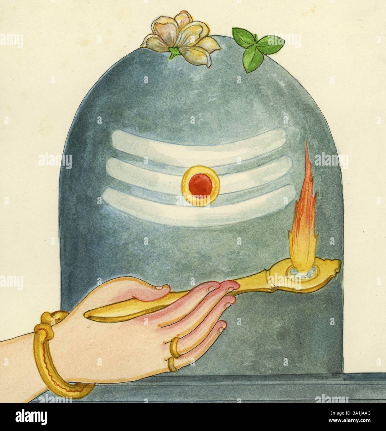 Artiste Manivelu, croyance hindoue, hindouisme, art, art de l'académie himalayenne, linga, fleur, feu, cuillère, culte, tripundra, puja, shiva, sivalinga Banque D'Images