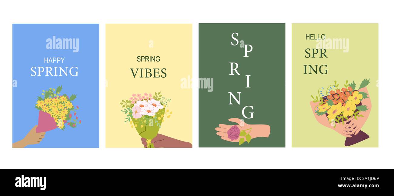 Cartes de voeux sur le thème du printemps avec des bouquets de fleurs et des couleurs vives. Illustration de Vecteur