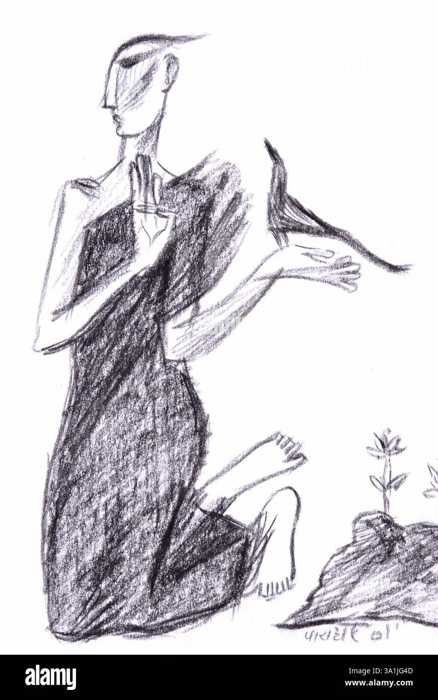 L'homme et des oiseaux Illustration dessin fusain Banque D'Images