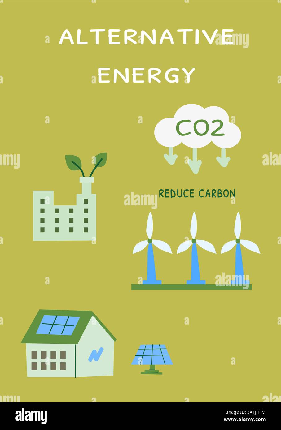 Solutions énergétiques durables : pratiques écologiques et stratégies de réduction des émissions de carbone. Illustration de Vecteur