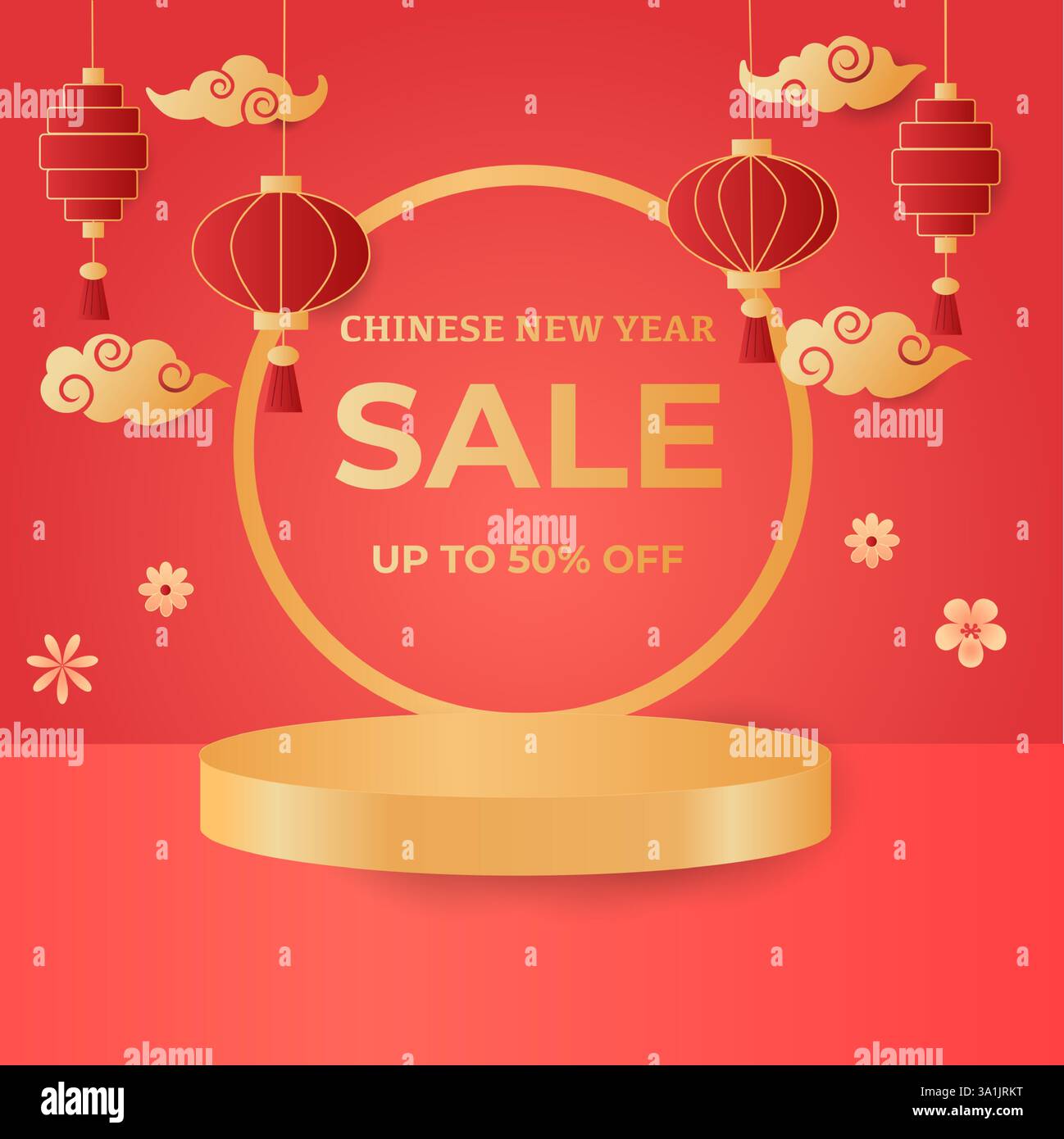 Bannière de vente pour le nouvel an chinois. Illustration de podium 3D découpée en papier vectoriel réaliste et fleurs orientales, nuages sur fond rouge. Asiatique année lunaire t Illustration de Vecteur