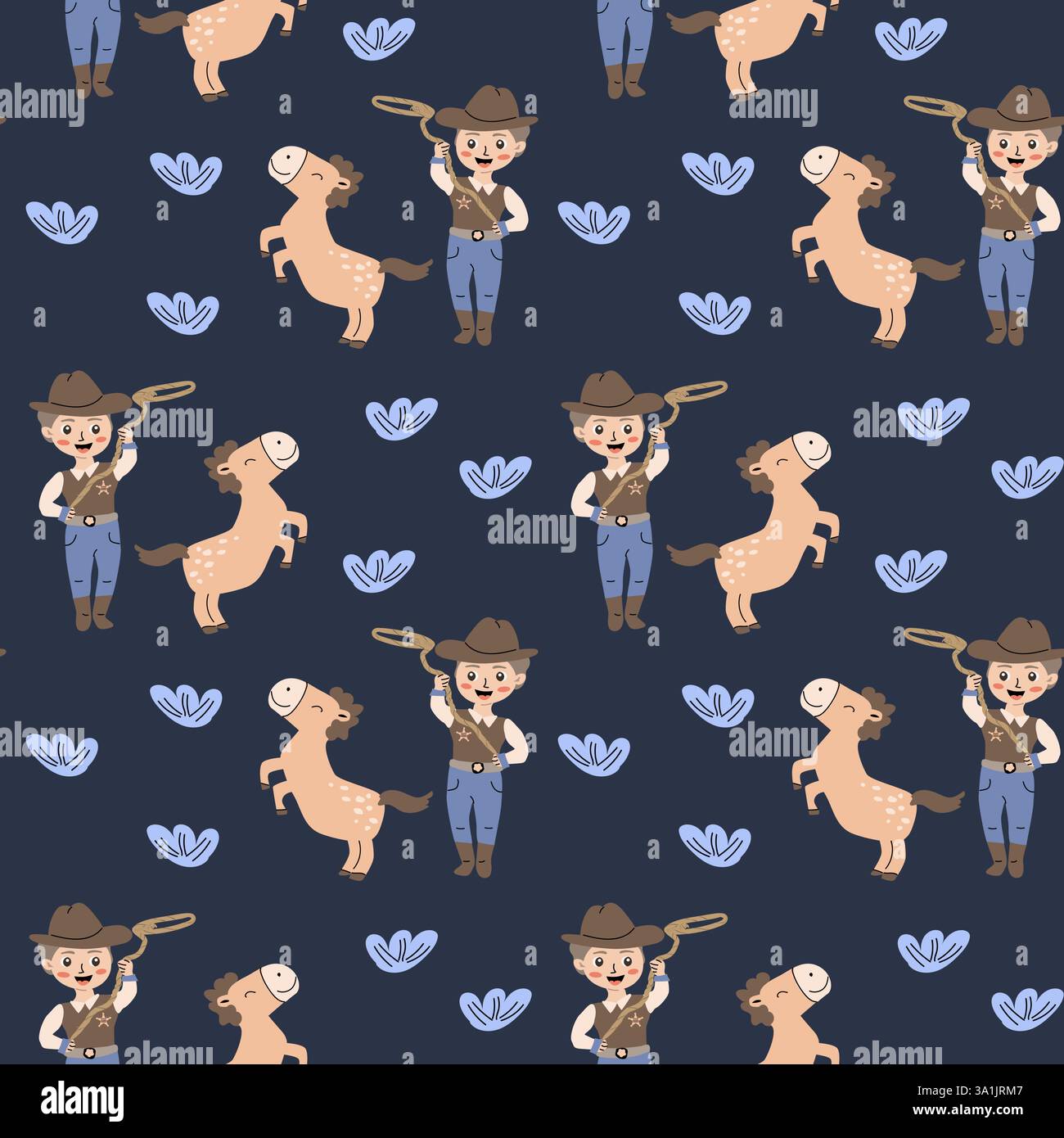 Motif cow-boy et cheval ludique pour la conception et la décoration des enfants. Illustration de Vecteur