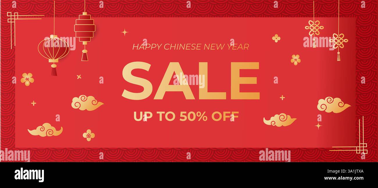 Bannière de vente pour le nouvel an chinois. Illustration réaliste de découpe de papier vectoriel de fleurs orientales, nuages sur fond rouge. Modèle asiatique année lunaire Wit Illustration de Vecteur