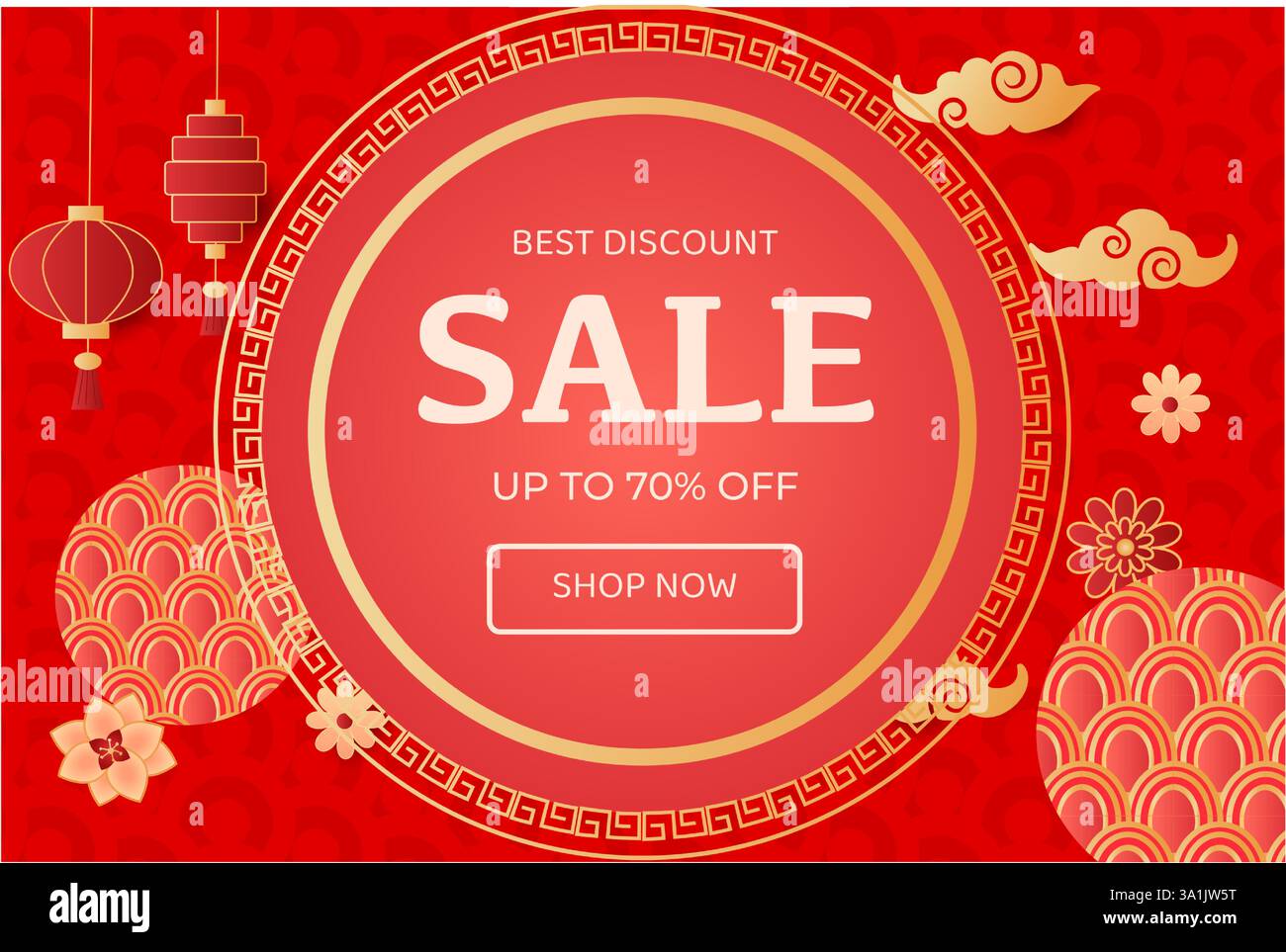 Bannière rouge éclatante avec nuages, fleurs et étoiles. Les éléments traditionnels le rendent parfait pour les soldes du nouvel an lunaire et les offres festives. Illustration de Vecteur
