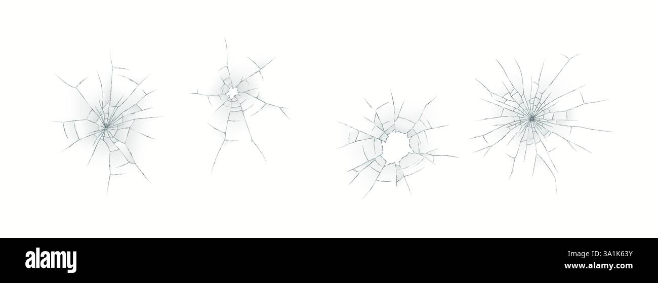 Ensemble de fissures réalistes de trou de balle sur la surface en verre avec des détails fins et la transparence sur fond blanc. Idéal pour les projets de conception et moc numérique Illustration de Vecteur