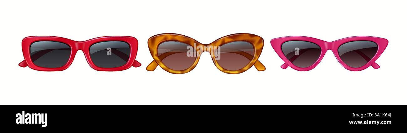 Trois paires de lunettes de soleil élégantes avec des montures colorées distinctes, allant du rouge vif au marron à motifs et au rose vif, le tout sur un BA blanc Illustration de Vecteur