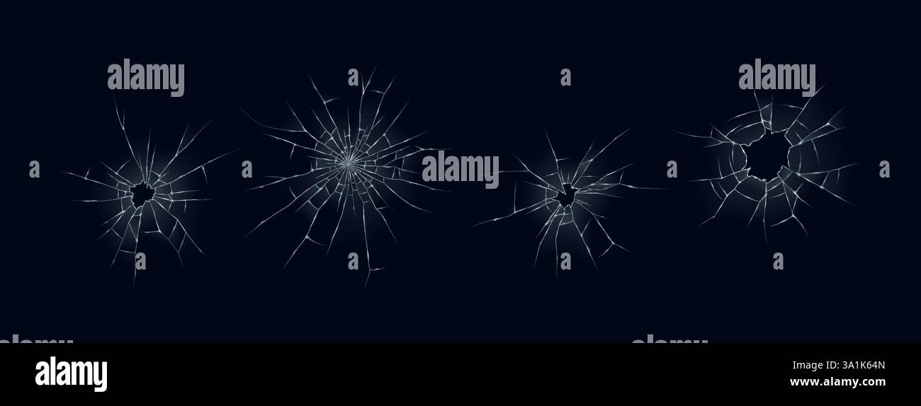 Illustration vectorielle montrant quatre trous de balle réalistes dans une feuille de verre. Les fissures rayonnent de chaque point d'impact créant un appeara brisé Illustration de Vecteur
