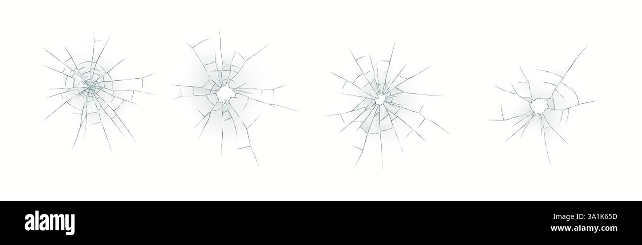 Quatre illustrations représentant des textures de verre fissuré réalistes et détaillées sur un fond blanc. Les fissures rayonnent des points d'impact centraux, creat Illustration de Vecteur