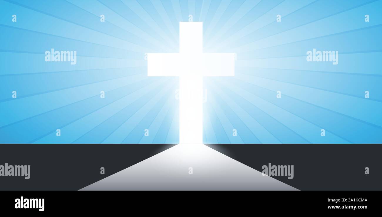 Symbole de Croix chrétienne et rayons du soleil à la fin de la route - signe de crucifix, Pâques, pureté, foi, baptême, Saint-esprit, Evangélisation et Resurre Illustration de Vecteur