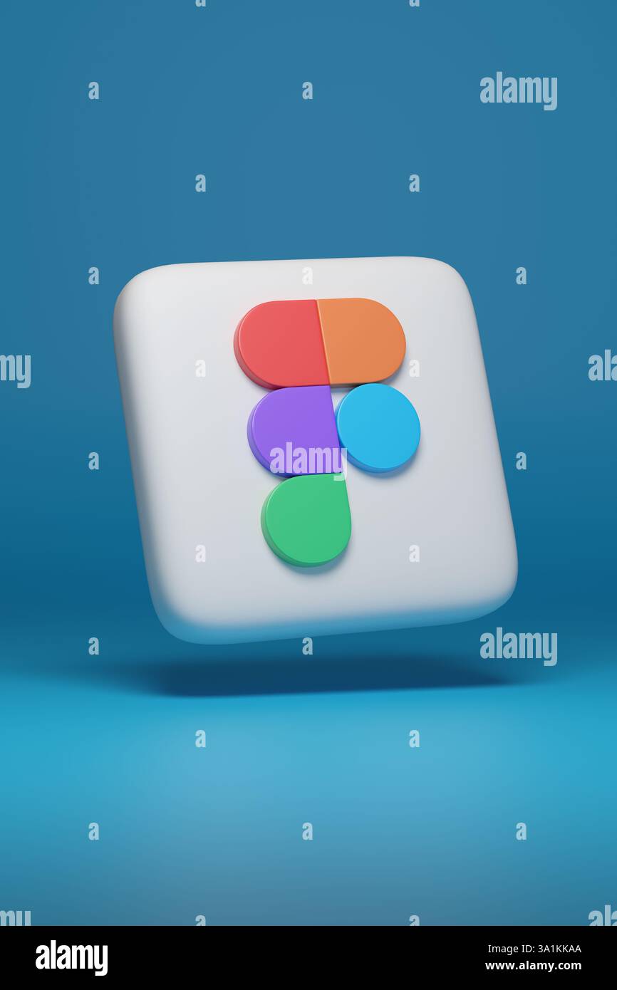 Buenos Aires, Argentine - 4 mars 2025 : logo tridimensionnel de Figma isolé sur fond bleu. illustration 3d. Banque D'Images