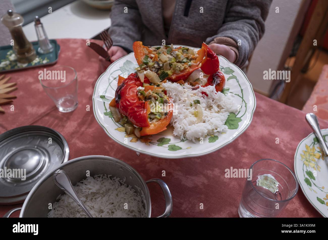 Poivrons farcis avec légumes et riz sur une assiette, Bavière, Allemagne, Europe Banque D'Images