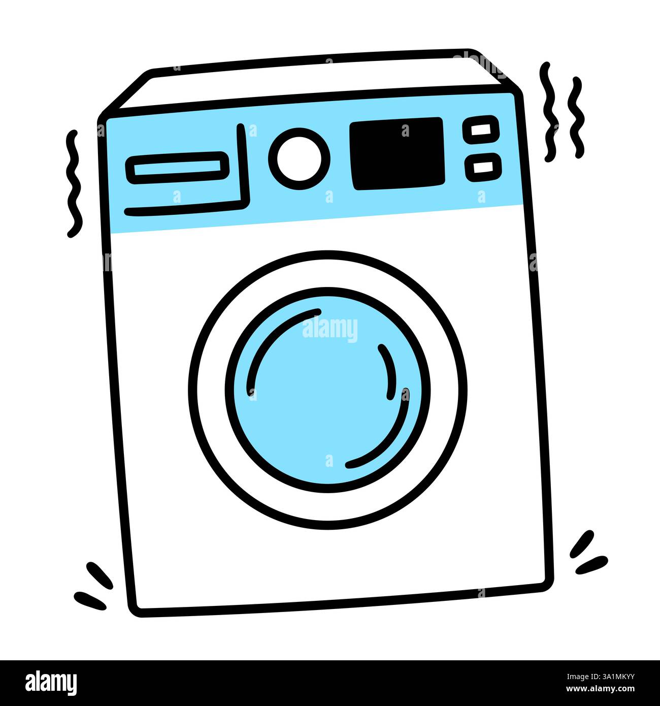 Machine à laver à chargement frontal vibrant lors de l'étirage du cycle d'essorage. Dessin animé dessiné à la main. Icône vectorielle simple. Illustration de Vecteur