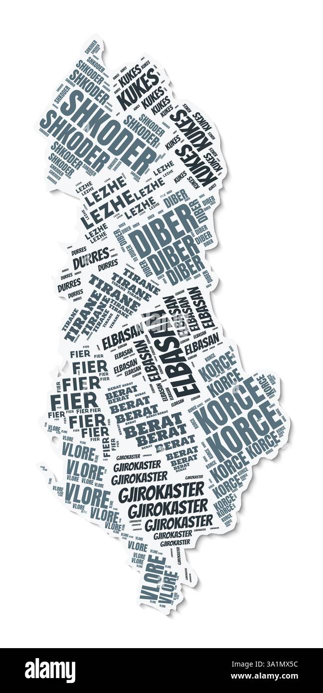Nuage de texte de forme Albanie. Frontière de pays avec ombre sur fond blanc. Albanie avec division des régions dans le style vintage gazette. Illustration de Vecteur