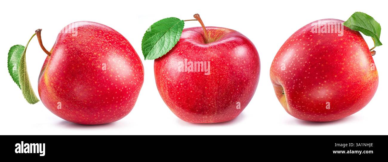 Ensemble de trois pommes rouges isolées sur fond blanc. Banque D'Images
