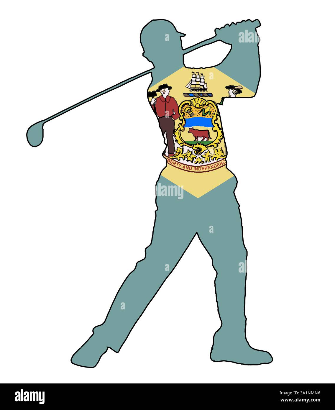 Une silhouette de golfeur de l'État du Delaware prenant son swing isolé sur blanc avec drapeau de l'État encart Banque D'Images