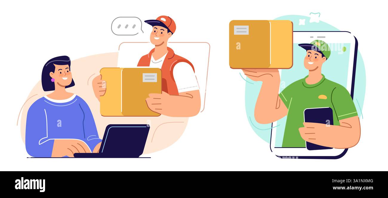 Femme utilisant Internet commande colis du courrier. Service de livraison, concept de boutique en ligne. Illustration vectorielle Illustration de Vecteur