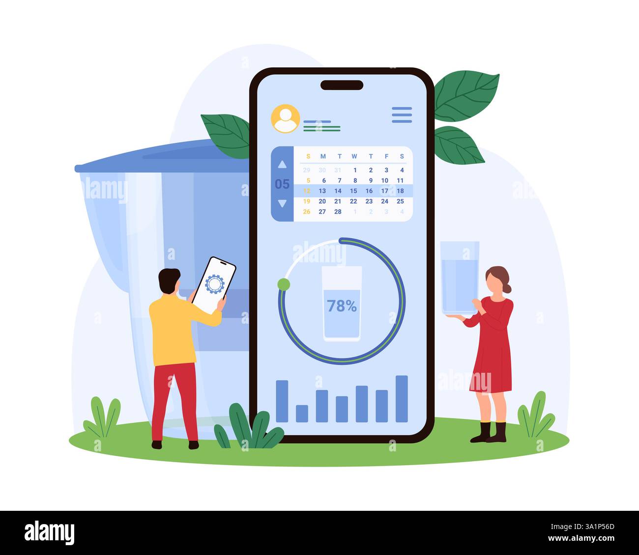 De minuscules personnes interagissant avec une application de boisson d'eau sur un grand appareil mobile, surveillant la prise d'eau et la filtration, mettant l'accent sur la santé et l'illustration vectorielle technologique. Illustration de Vecteur
