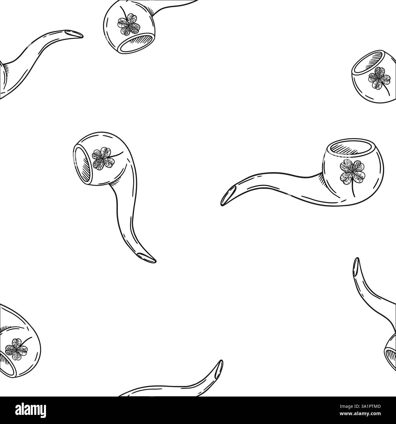 Un motif fantaisiste avec des pipes à fumer vintage ornées de trèfles, parfait pour les motifs irlandais. Graphiques vectoriels en noir et blanc dessinés à la main en dessin au trait pour l'impression sur papier et tissu. Illustration de Vecteur
