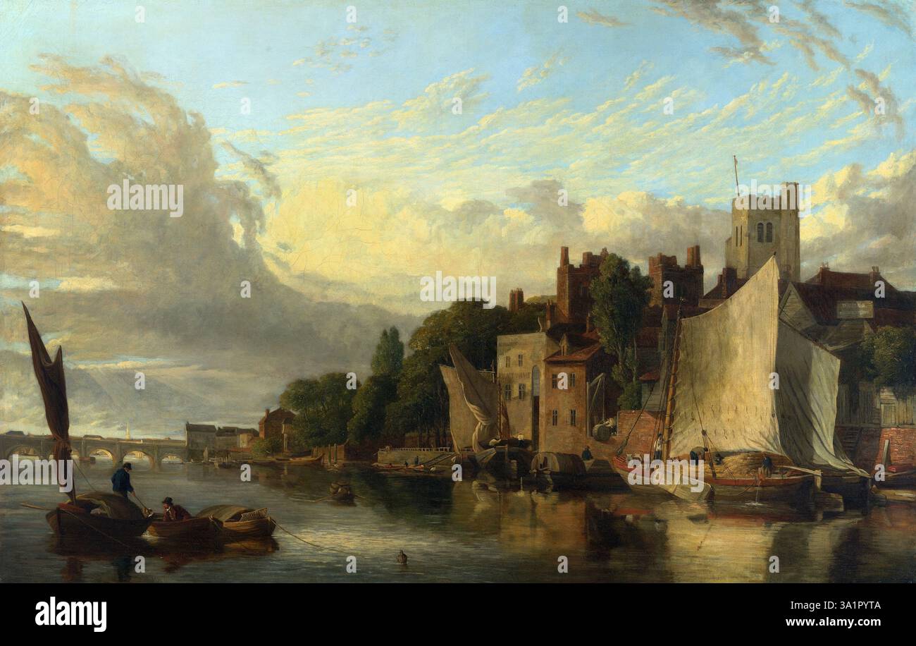 Huile sur toile peinture de Lambeth de la rivière regardant vers le pont de Westminster, la Tamise à Londres 1818 par le peintre anglais James Stark illustration d'art du XIXe siècle Banque D'Images