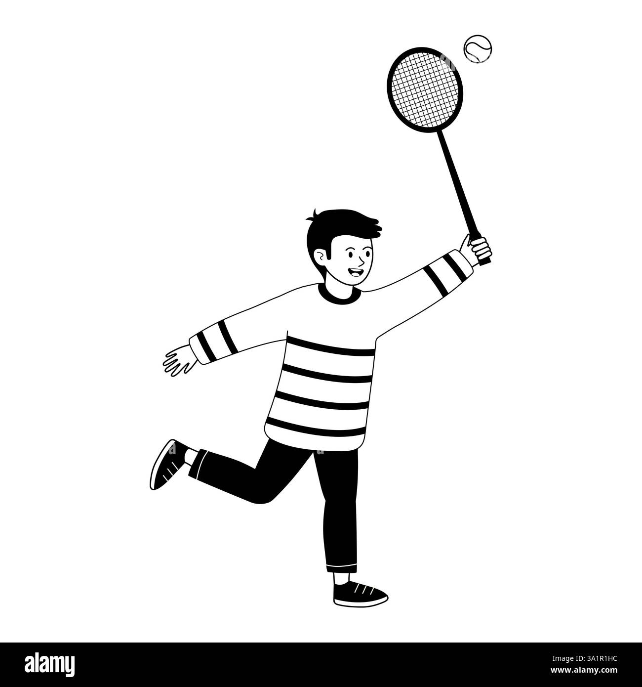 Garçon jouant au tennis avec une raquette dans une action dynamique pose dans une illustration en noir et blanc Illustration de Vecteur